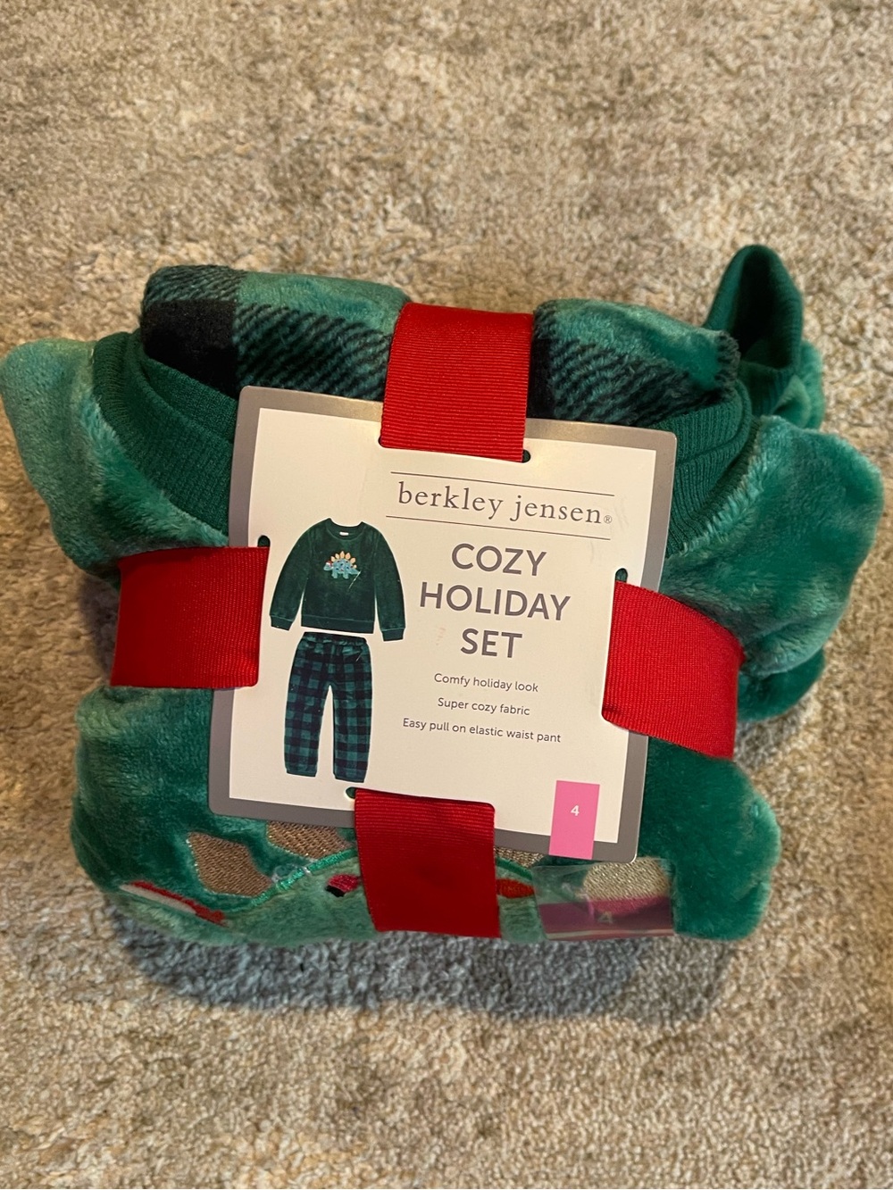Berkley Jensen Cozy Holiday Kids Pajama Set - Green Dinosaur